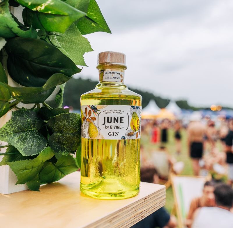 Bouteille JUNE by G'Vine sur le comptoir du bar, festival en arrière-plan